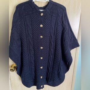 TALBOTS Navy Blue Cable Knit Fisherman Poncho Cardigan Sz Large